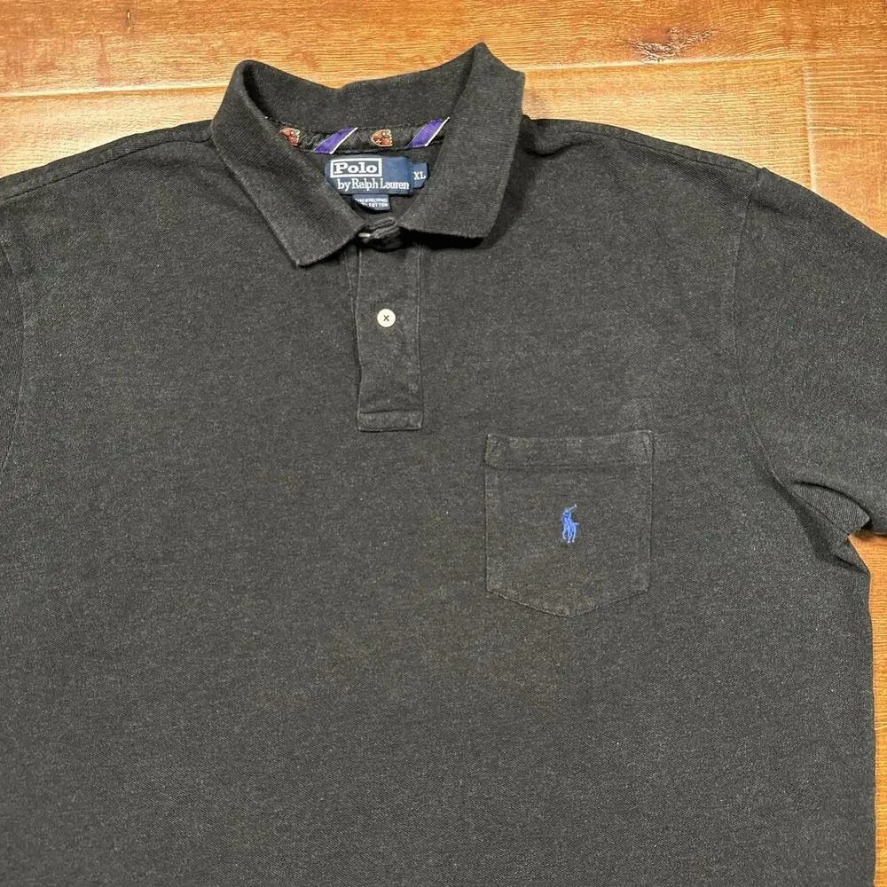 Vintage Ralph Lauren Polo Shirt Mens XL Gray Pique Knit Pocket 90s VTG Pony